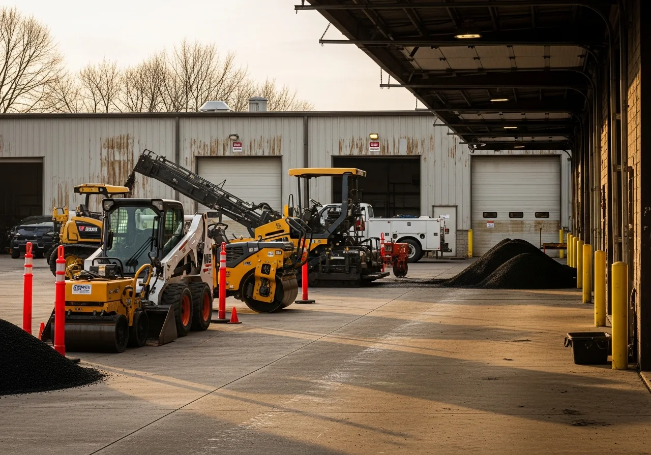 Asphalt paving equipment and crew setup on a residential or commercial job site, showing tools and machinery ready for paving work.