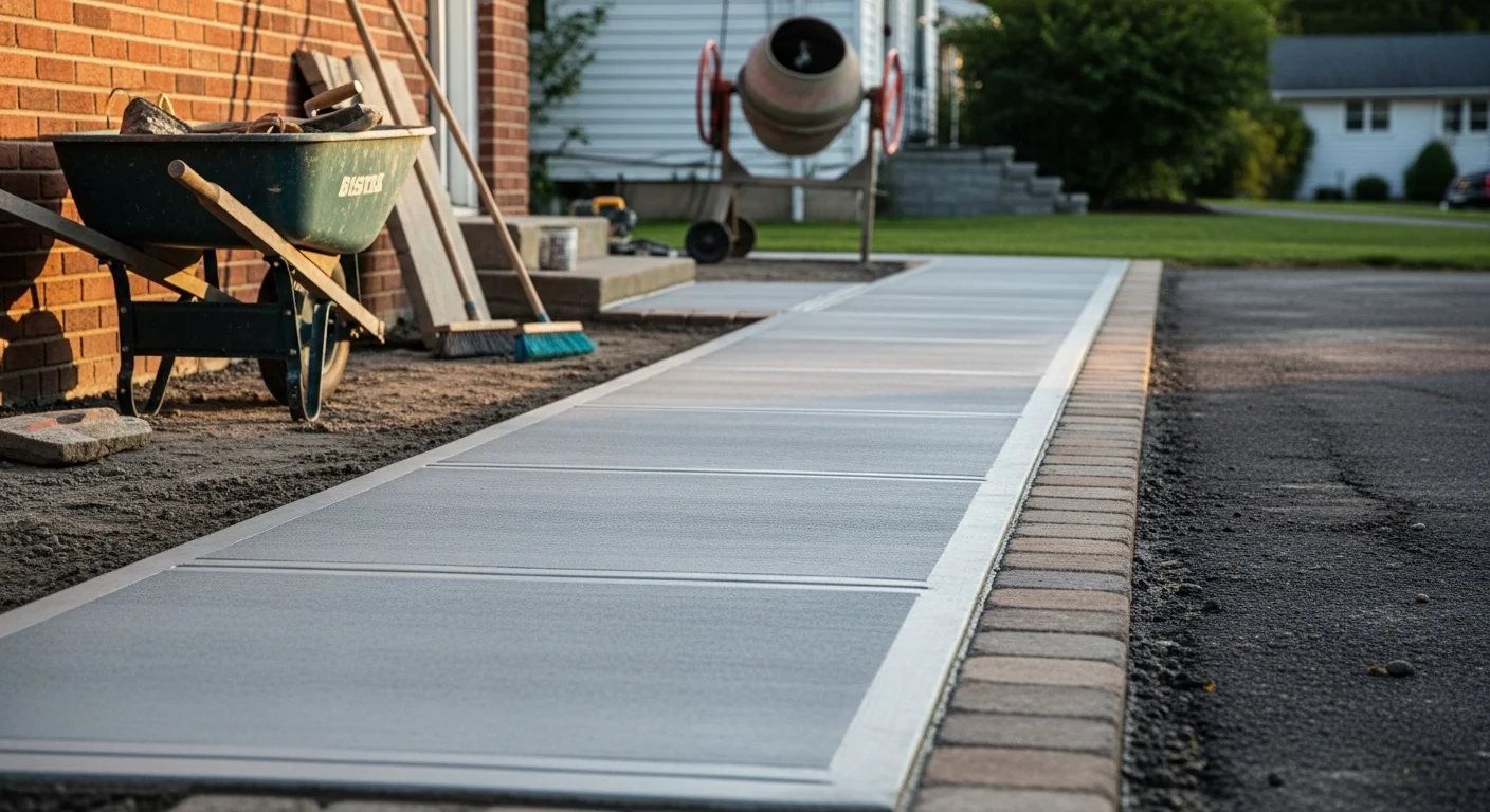 Concrete sidewalk and Belgium block installation on residential property in Wayne