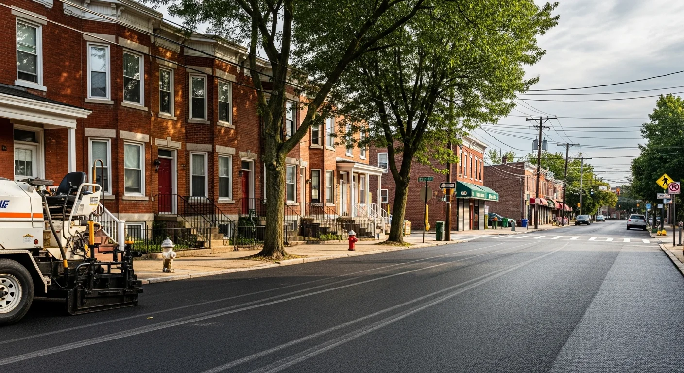 Residential street in North Jersey with multi-family homes and urban infrastructure typical of the region.