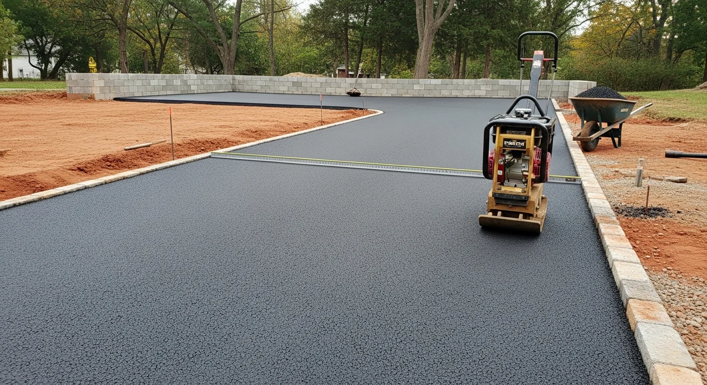 Freshly installed black asphalt driveway at a north Jersey residential property, showing clean edges, smooth surface, and proper slope away from the home's foundation. A paving crew compacts the surface course with a roller in the background.