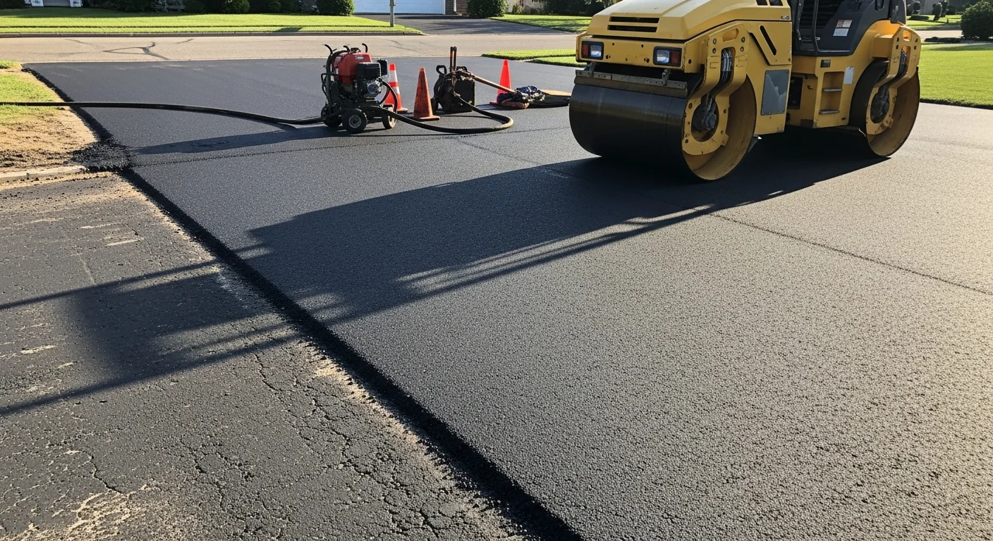 A freshly resurfaced asphalt driveway in north Jersey showing a smooth, dark surface with clean compacted edges. A residential property is visible in the background, with no visible cracking or surface wear on the new asphalt layer.