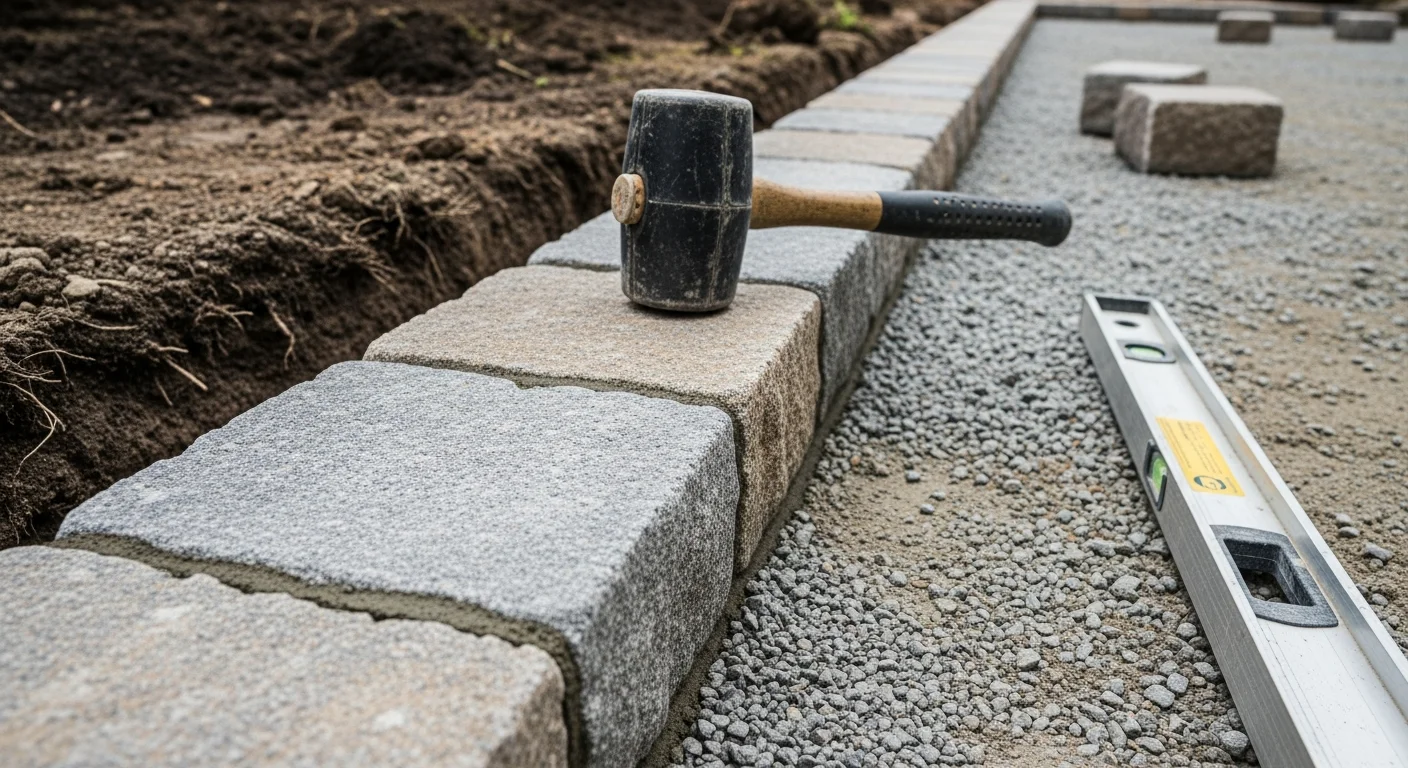 Freshly installed Belgium block curbing running along the edge of a residential asphalt driveway in north Jersey, with granite blocks set flush and evenly spaced at the pavement border. The stone edging separates the driveway surface from a manicured lawn on a suburban property.