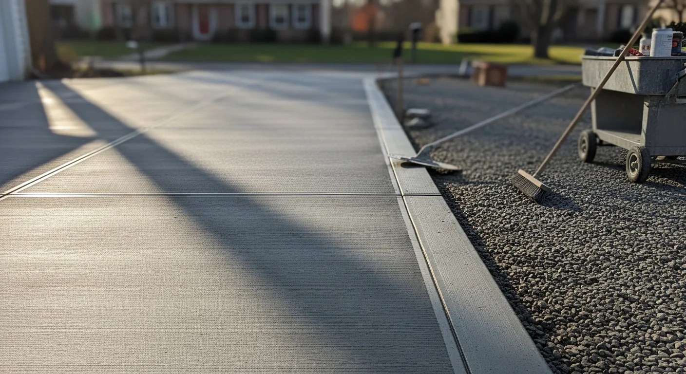 A freshly broom-finished concrete driveway at a north Jersey residential property, showing clean edges and a uniform textured surface. The slab meets a garage apron with tight joints and no visible cracking or surface defects.