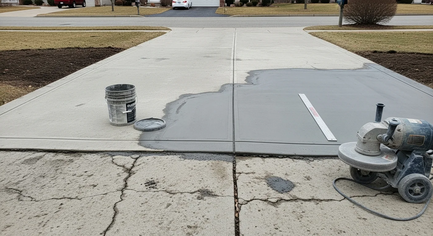 A repaired concrete driveway in north Jersey showing a smooth, patched surface with no visible cracks or spalling. The surrounding property reflects a typical residential neighborhood across Bergen or Passaic County.