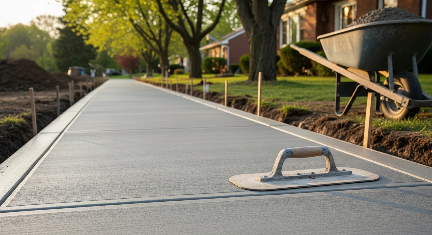 Freshly poured concrete sidewalk in front of a residential property in north Jersey, showing a smooth broom-finished surface with clean edges and visible control joints. New slab runs parallel to the street with properly graded slope away from the home's foundation.