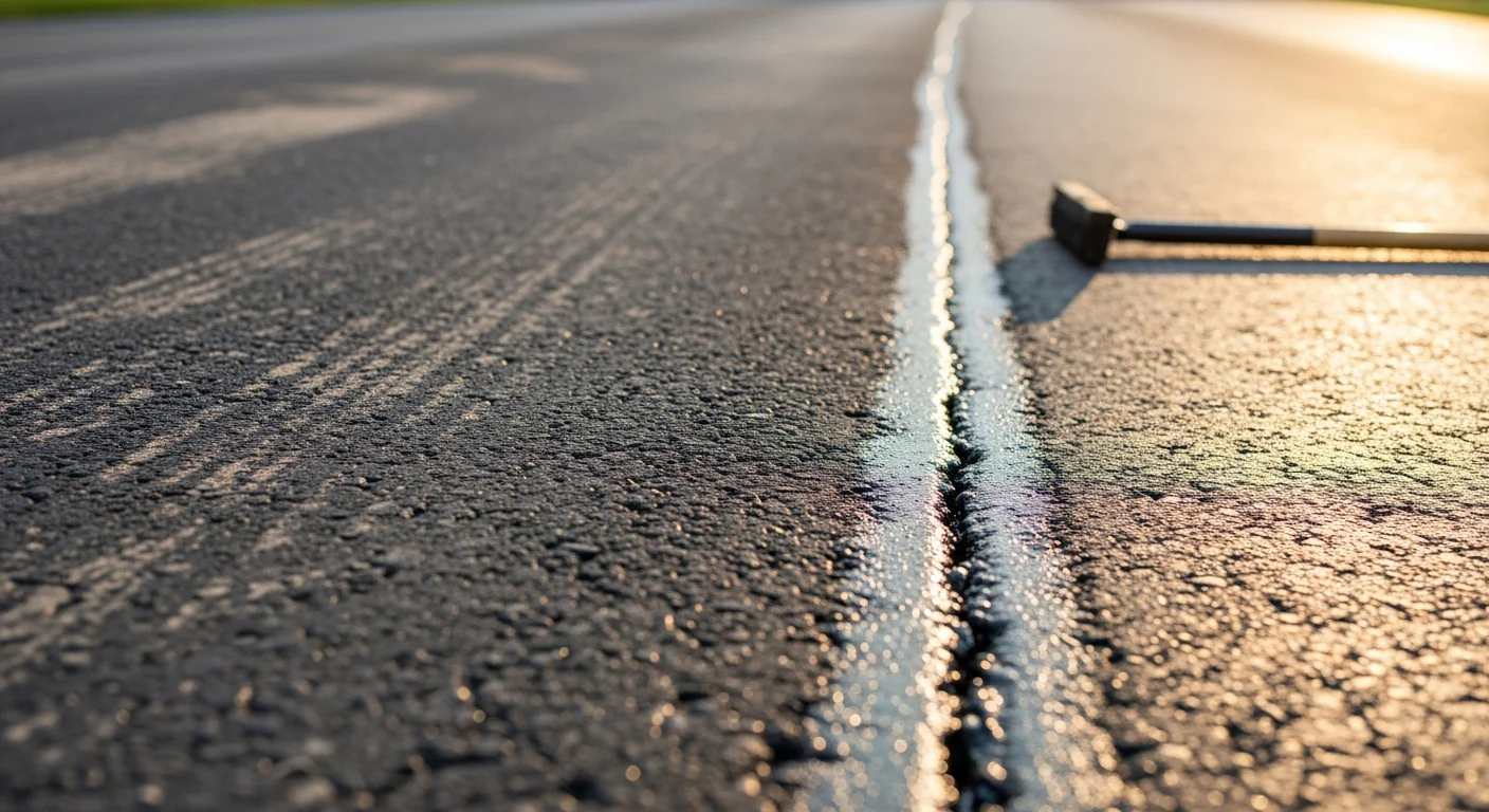 Close-up of a north Jersey residential asphalt driveway after professional crack filling, showing dark rubberized filler sealed flush along a repaired surface crack. A WB Paving crew member smooths the hot-pour material along the length of the crack on a dry pavement surface.