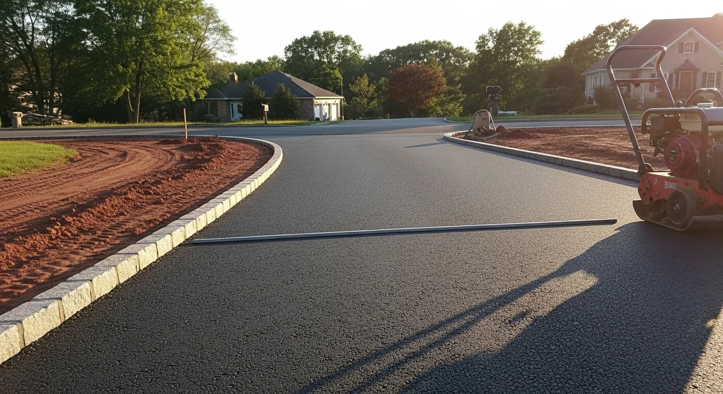 Freshly installed asphalt driveway at a north Jersey residential property, showing clean compacted edges, smooth dark surface, and proper slope away from the home's foundation.