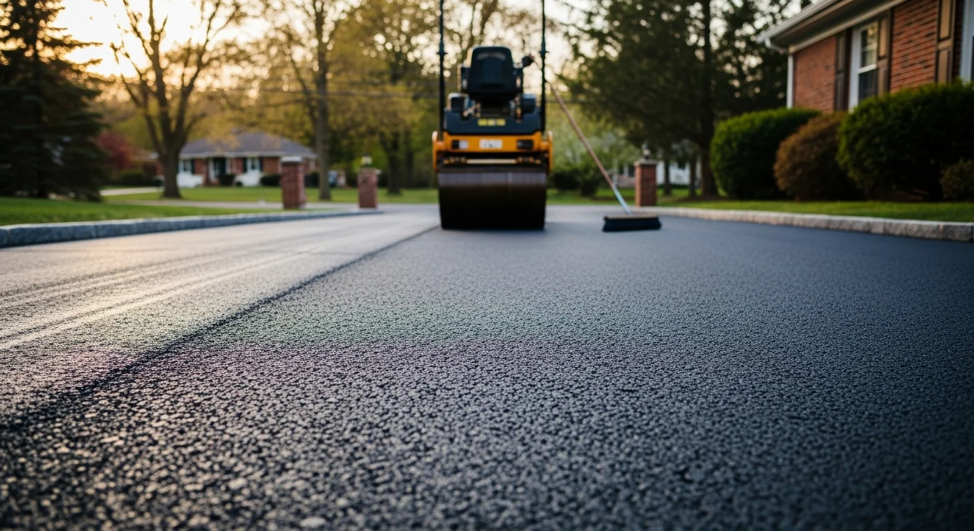 Freshly resurfaced asphalt driveway at a north Jersey residential property, showing a smooth dark surface with clean edges meeting a two-car garage. The finished surface shows proper slope away from the home with no visible cracking or pooling areas.