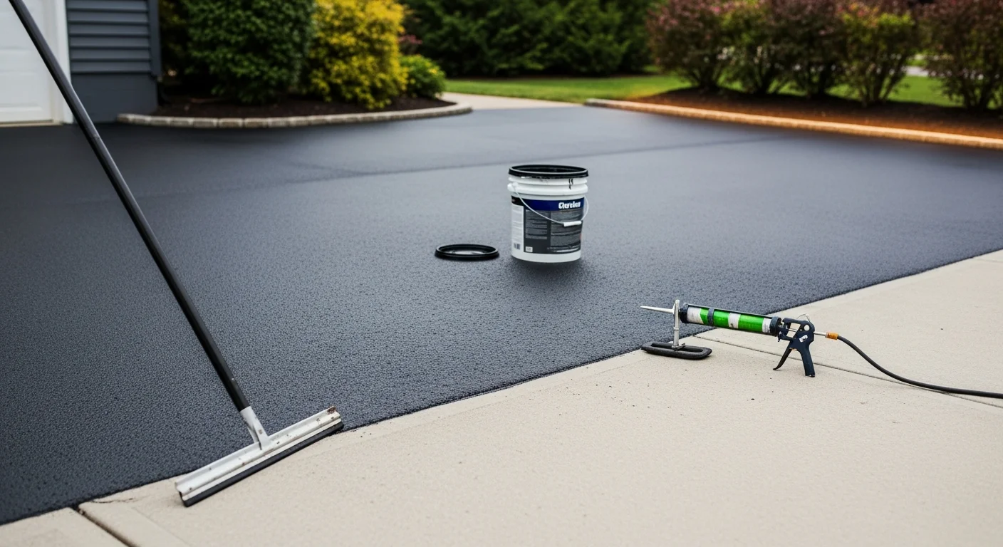A freshly seal coated residential asphalt driveway in north Jersey with a uniform deep black finish and clean edges along the garage apron. The sealed surface shows no visible cracking or fading after professional two-coat application by WB Paving.