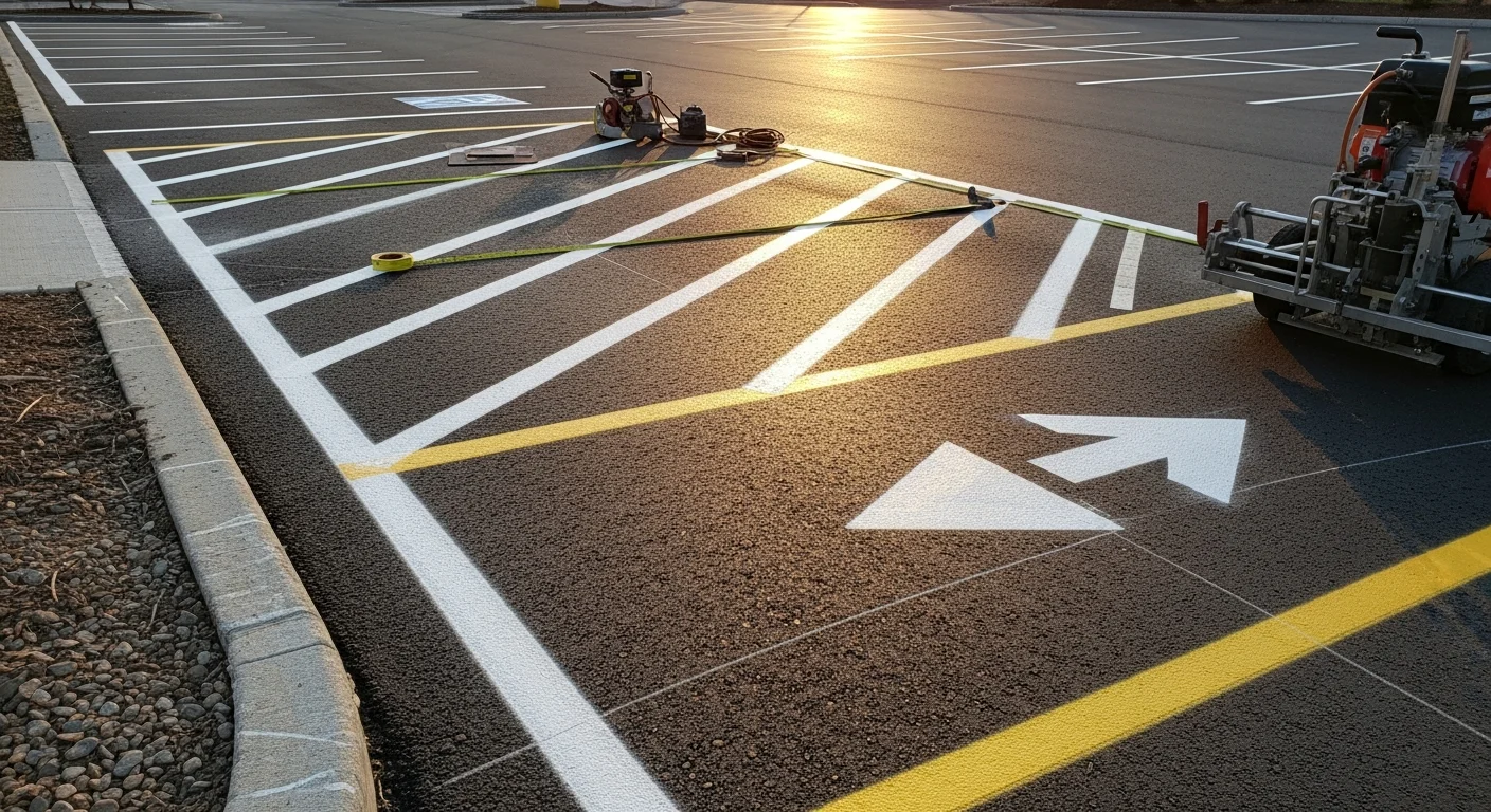 Freshly paved asphalt parking lot at a north Jersey commercial property, showing smooth black surface with bright white parking space lines and ADA-compliant markings. Lot is fully striped with clear lane markings and accessible spaces near the building entrance.