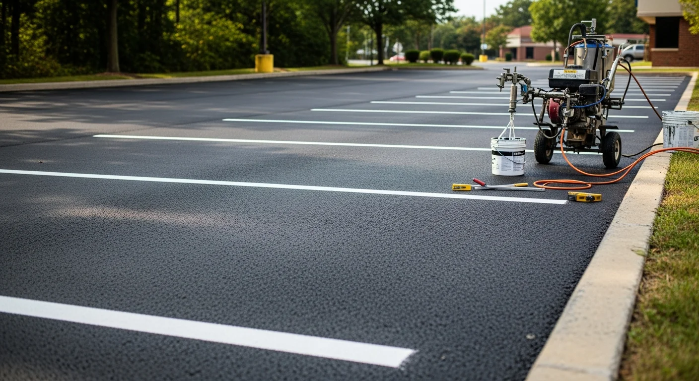 A repaired commercial asphalt parking lot in north Jersey with smooth, dark pavement and no visible cracks or potholes. Fresh surface shows patched pothole areas and sealed crack lines on a commercial property.