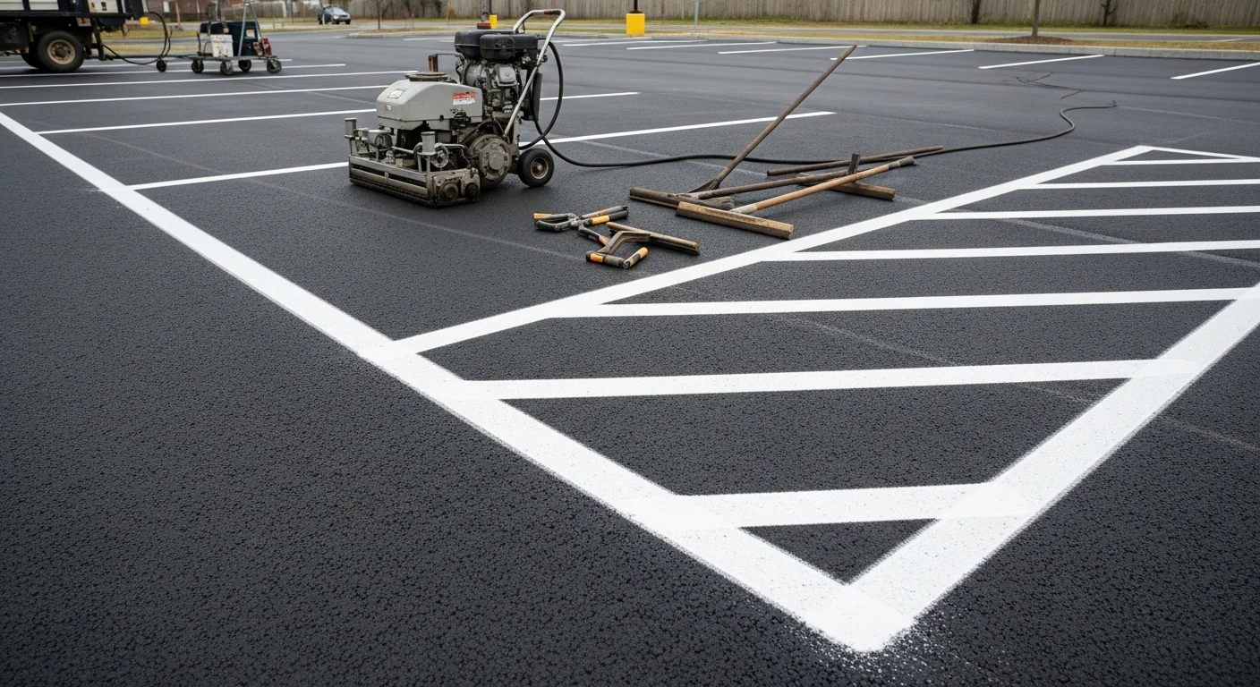 A freshly resurfaced commercial parking lot with smooth black asphalt and newly painted white striping at a north Jersey office or retail property. The lot shows no visible cracking, rutting, or fading, with clean lane markings and defined parking spaces.