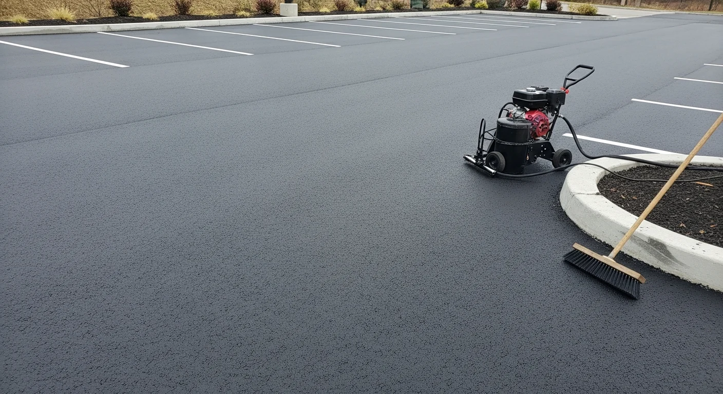 A freshly seal coated commercial parking lot in north Jersey with a uniform dark matte finish and clean, visible parking stall lines. The lot serves a multi-unit commercial property with no visible cracks or surface fading.