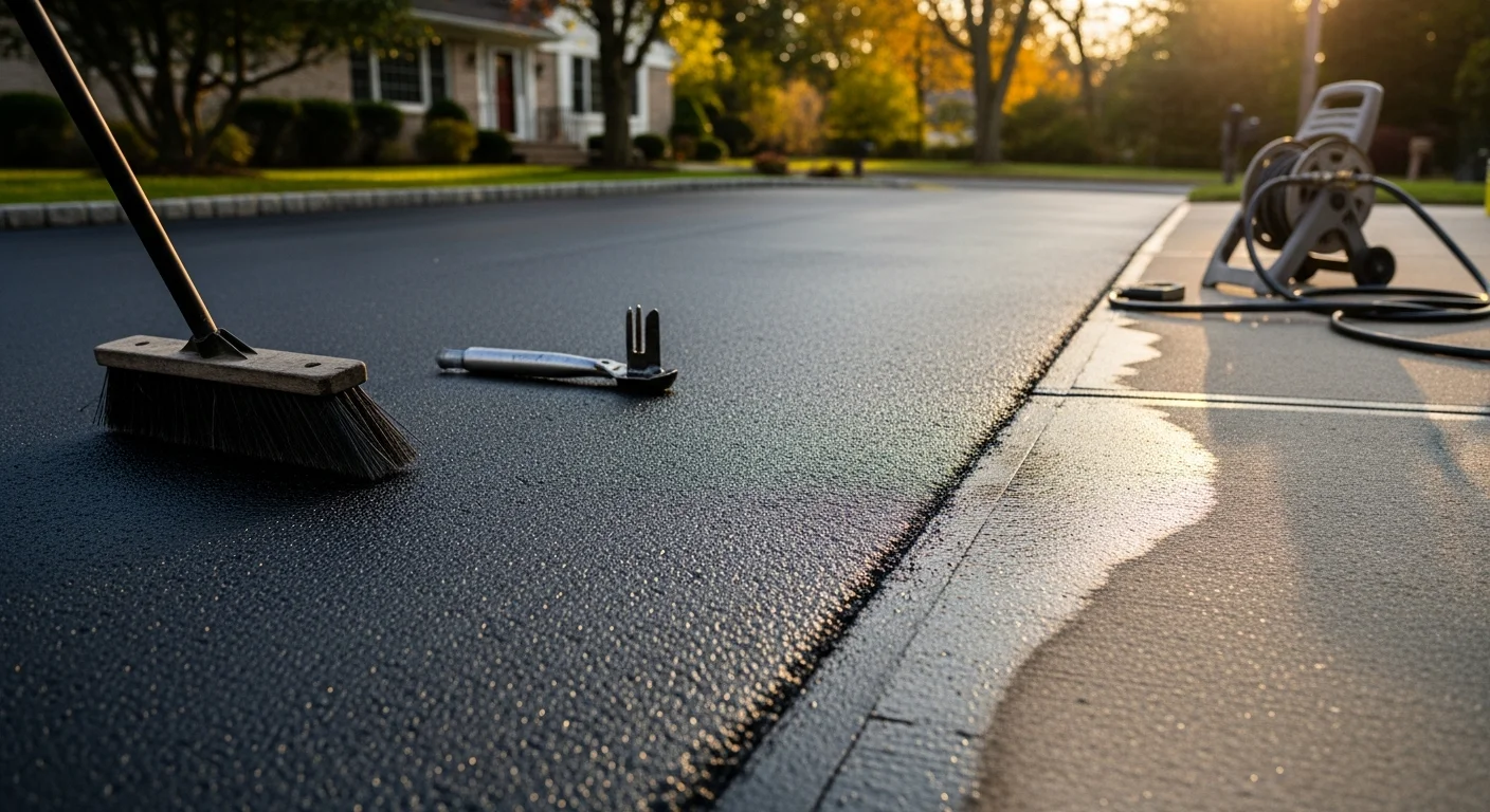 A freshly seal coated residential asphalt driveway in north Jersey with a uniform dark black finish and clean edges. The surface shows no cracking or fading after professional application by WB Paving.